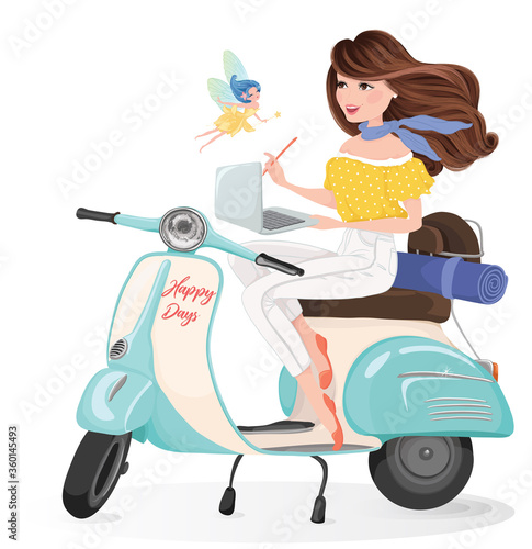 Pretty girl works with fairy on her scooter, new lifestyle, illustration vector.