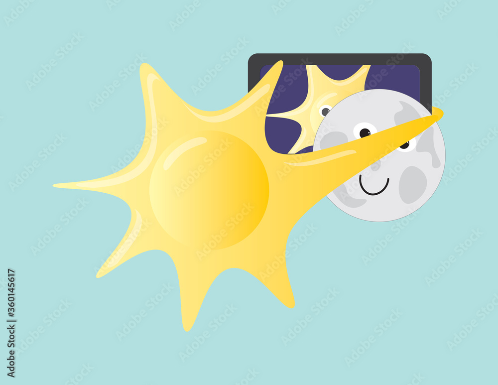 Solar eclipse selfie, Moon character blocking Happy sun character taking a selfie and Solar eclipse selfie, Moon character blocking Happy sun character taking a selfie and
