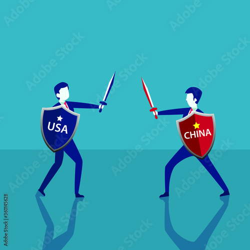 Trade war vector concept: Business people from the USA and China fighting each other with sword and shield