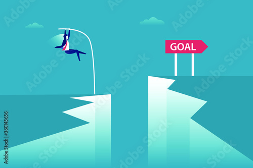 Business success vector concept: Businessman jumping a cliff with a pole to reach the goal