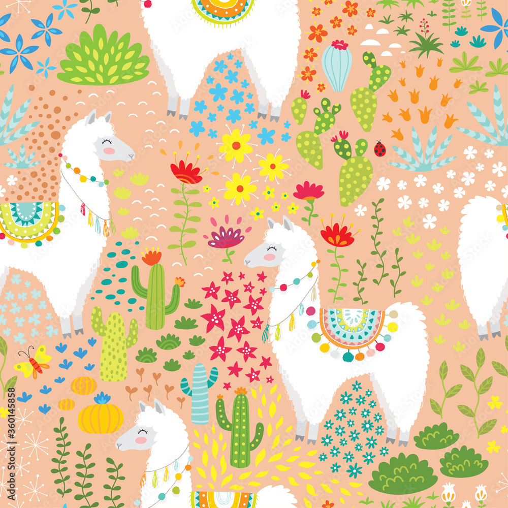 seamless pattern with cute llama alpaca and flowers cactus