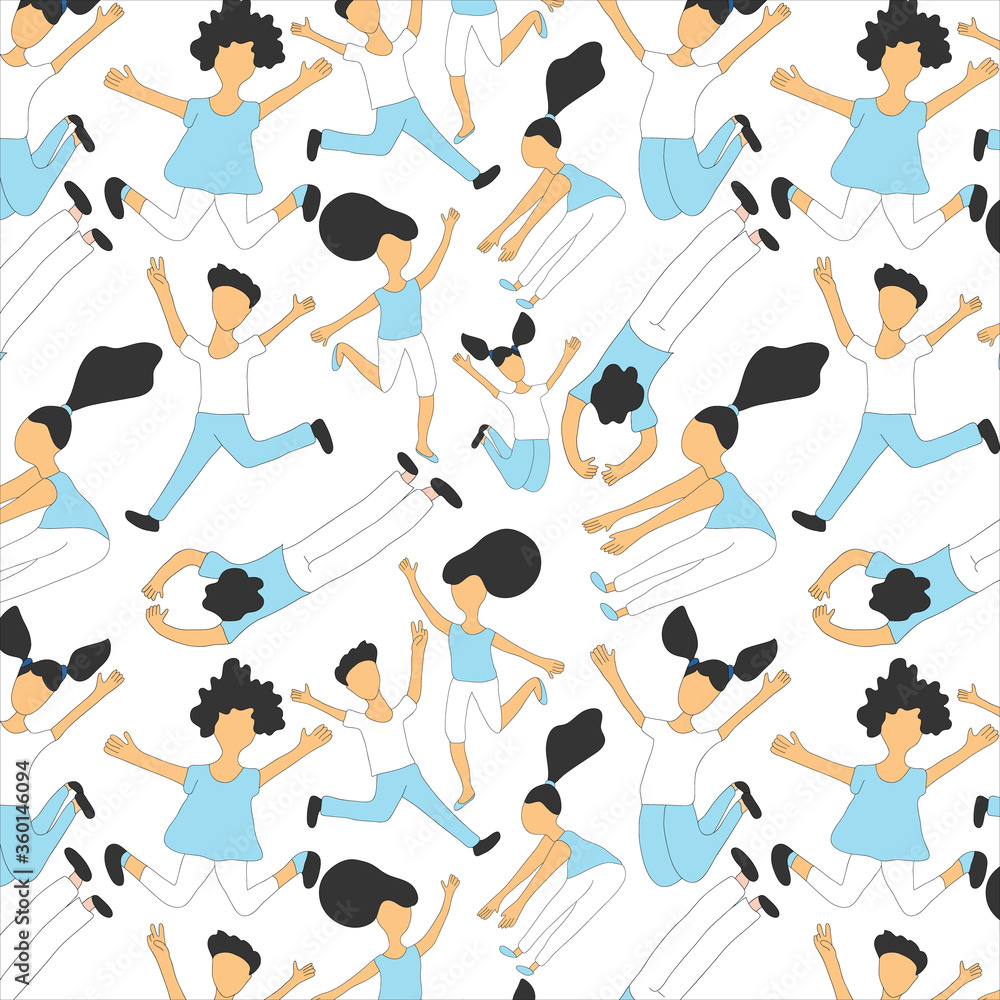 Seamless flat cartoon vector pattern with happy jumping people. Children jump, delight, joy, victory.  Endless print of teenagers in school uniform. Back to school concept, isolated on white