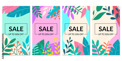 Sale banner template set with leaves for social media story. Floral discount background with price off for promo card, flyer or poster. Spring and summer backdrop for ad. Vector illustration.
