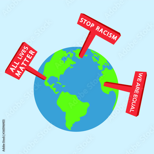 Racism vector concept: earth icon with red banners themed All Lives Matter and Anti Racism