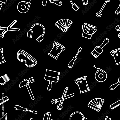 Seamless outline pattern with working tools for construction building and home repair icons. Vector illustration. Elements for design. Hand work tools collection. Graphic texture for design, wallpaper