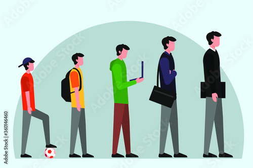Man education stages from childhood, middle school, college, fresh graduate to a businessman vector concept