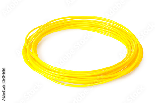 Yellow filament 3d printer isolated on white background