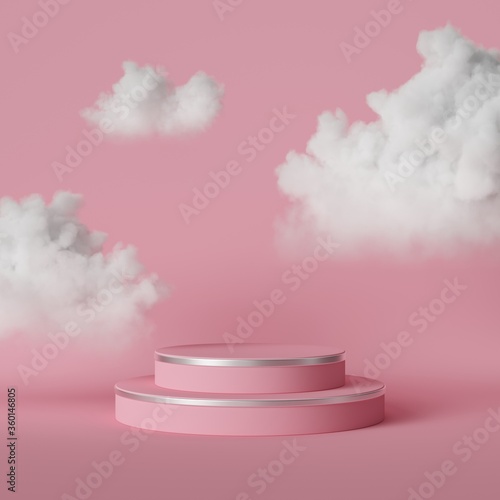 3d render, minimal digital illustration. White clouds floating above the round podium, empty stage, cylinder pedestal steps. Objects isolated inside pink room, modern fashion concept. Dream metaphor