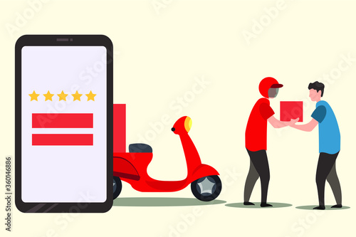 Delivery service vector concept: courier giving the red package to its recipient