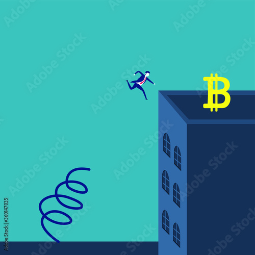 Bitcoin vector concept: businessman jumping towards a bitcoin icon  at top of building with a springboard