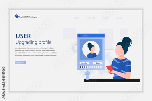 Young women character uploading a photo on his social media profile. User upgrading. Change photo profile, Choose an avatar for mobile app accounts. Suitable for landing page, web, flyer, and banner.
