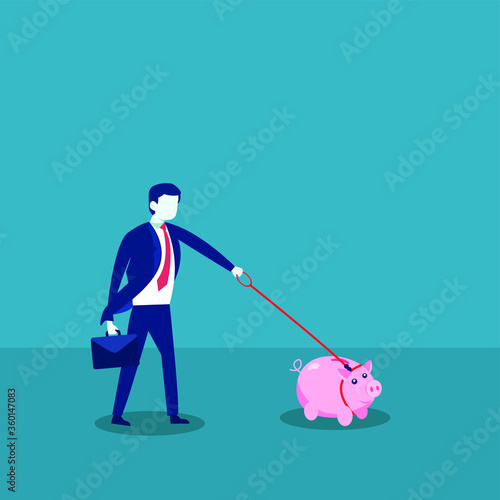 Investment vector concept: Businessman walks his piggy bank