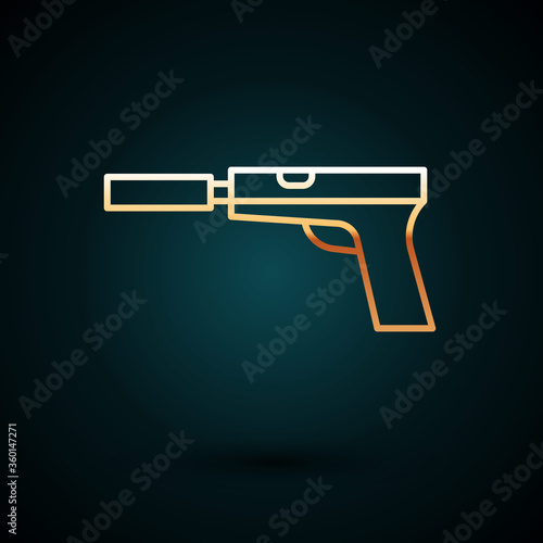 Gold line Pistol or gun with silencer icon isolated on dark blue background. Vector Illustration.