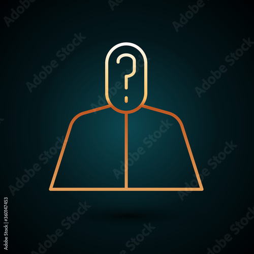 Gold line Anonymous man with question mark icon isolated on dark blue background. Unknown user, incognito profile, business secrecy, obscurity. Vector Illustration.