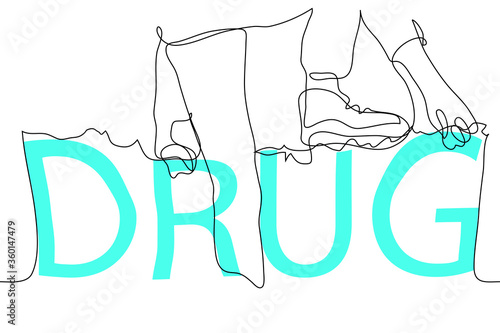 The figure of a man in trousers and boots climbing the net from the word "DRUG". Conceptual vector illustration of drug addiction, drug sale.