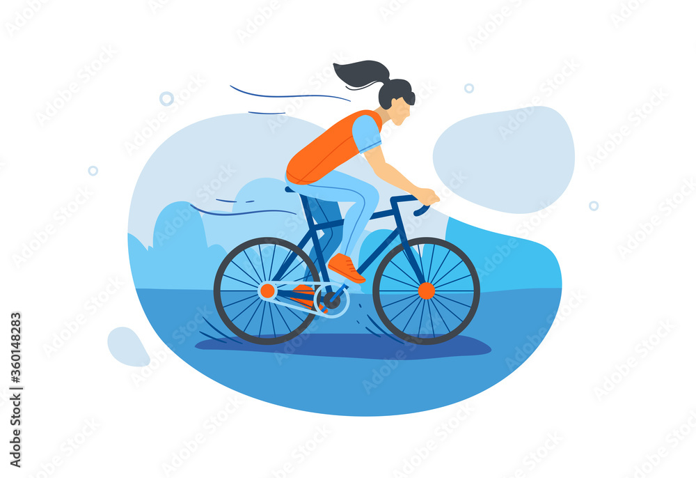 Girl riding on bicycle, flat style vector illustration. Riding in park, forest, hill. Banner, site, poster template with copy text space. Sport concept. Girl riding on bicycle, flat style vector illustration. Riding in park, forest, hill. Banner, site, poster template with copy text space. Sport concept.