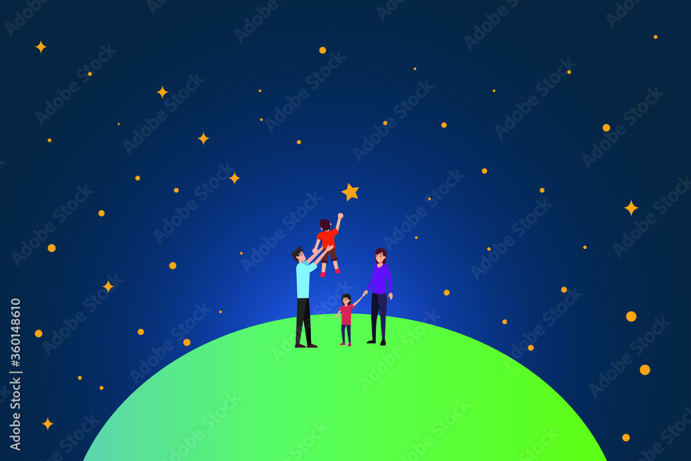 Family vector concept: group of family standing on earth while reaching the stars