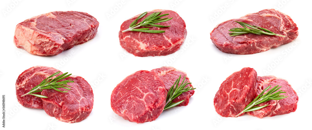 Collection raw beef isolated on white background. Beef steak with clipping path Collection raw beef isolated on white background. Beef steak with clipping path