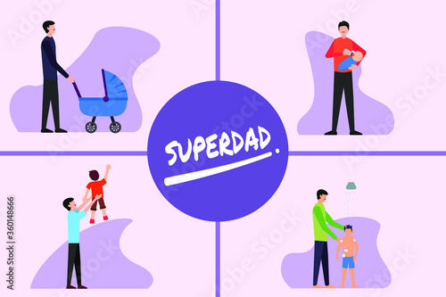Father's Day vector concept set: frames of father activities taking care of his children