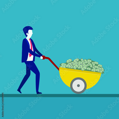 Investment vector concept: businessman pushing a cart full of money papers