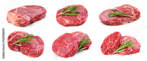 Collection raw beef isolated on white background. Beef steak with clipping path