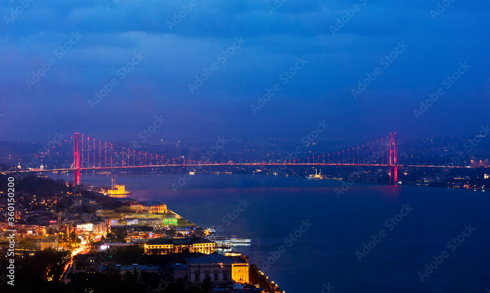 Bosphorus Bridge at night in Istanbul, Turkey.