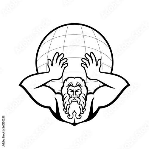 Atlas Holding Up World Front View Mascot Black and White