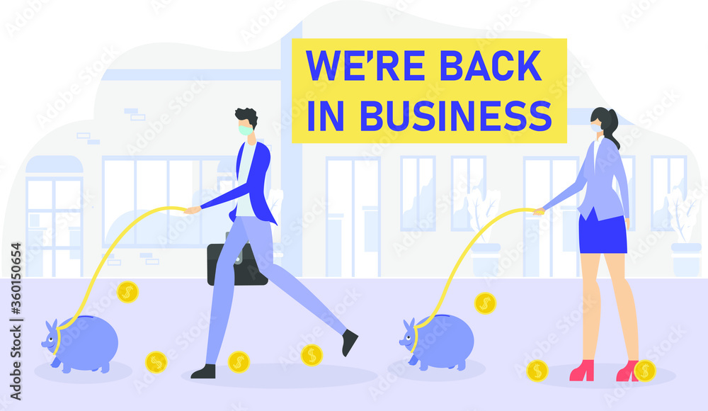 Business reopening vector concept: business people walk their piggy banks getting money along the way