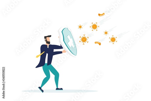 COVID-19 Coronavirus protection and quarantine or business risk prevention from novel virus outbreak concept, businessman holding knight shield to protect from COVID-19 Virus pathogens
