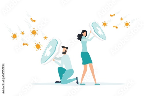 COVID-19 Protection against coronavirus business risks thanks to the new concept of the virus epidemic, a businessman and a business woman are holding a knight's shield to protect against vira
