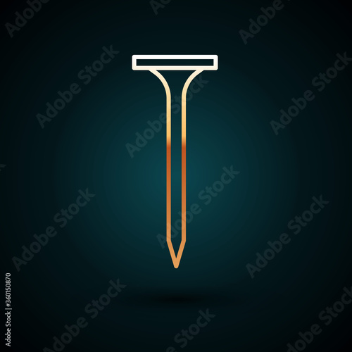 Gold line Metallic nail icon isolated on dark blue background. Vector Illustration.