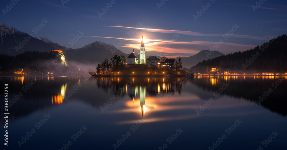 Beautiful panoramic view of Lake Bled by full moon