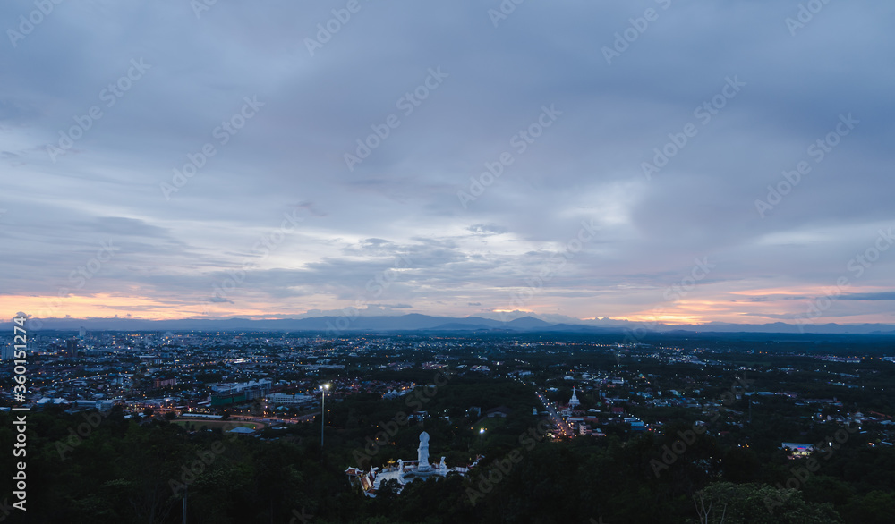 Evening city Hat Yai from Khao Kho Hong view Hat Yai, Songkhla. The twilight sky in sunset city top view