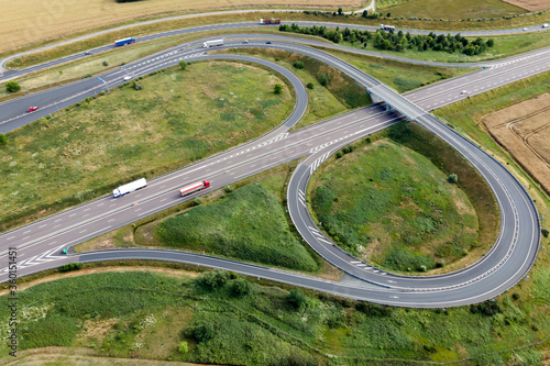 aerial view of a motorway interchange and toll station somewhere in France