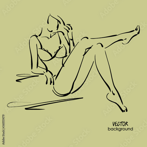 art  background with sitting beautiful sexy young woman  in bikini, sketch vector 