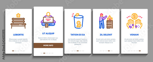 Homeless Beggar People Onboarding Mobile App Page Screen Vector. Homelessness And Shoe, Living On Streets Poor Human, Trash And Abandon Color Illustrations