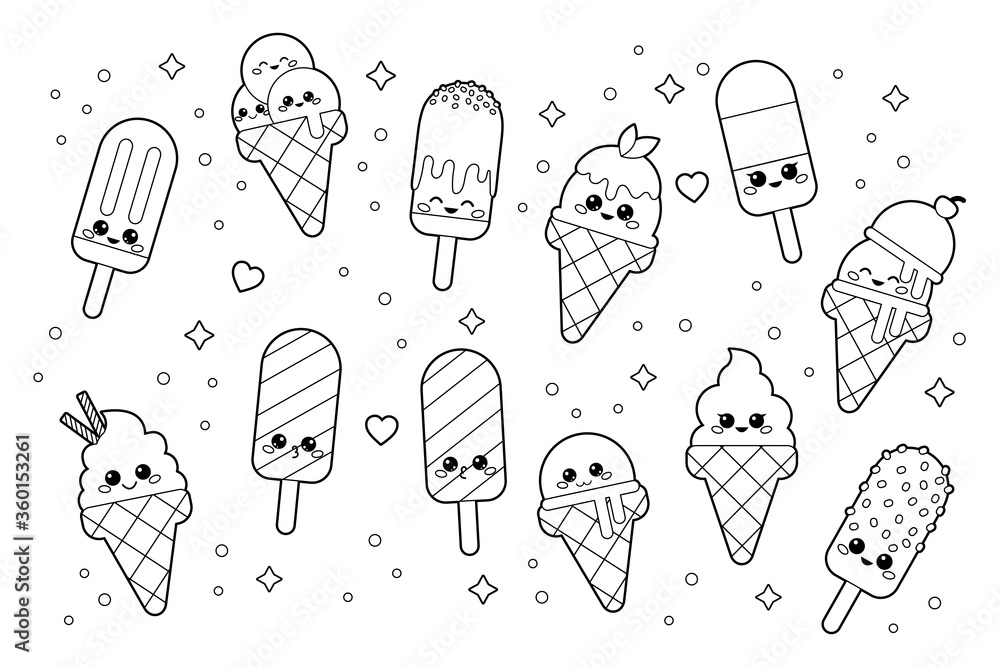 Cute kawaii set of ice creams. Coloring page for adults and children.  Cartoon vector characters. Black and white illustration. Stock Vector |  Adobe Stock