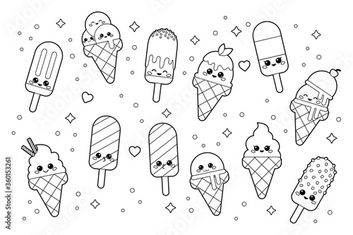 Cute kawaii set of ice creams. Coloring page for adults and children. Cartoon vector characters. Black and white illustration.