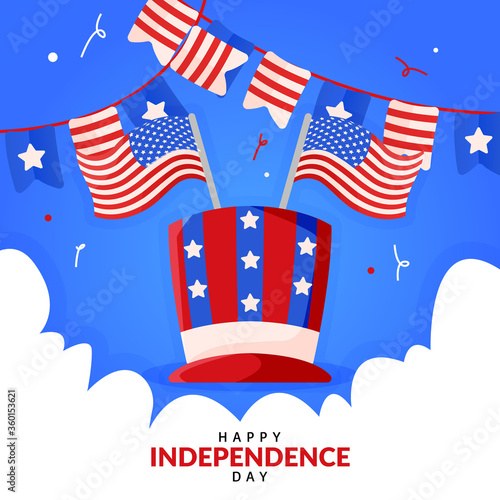 banner square greeting independence day with hat and ribbon