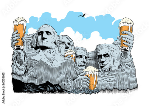 Four presidents drinking beer. Rushmore. Comic style vector illustration.