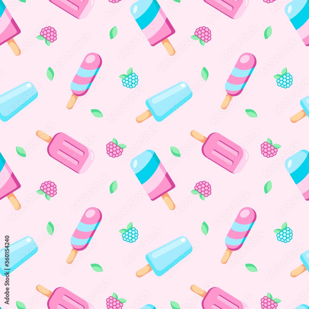 Ice cream vector seamless pattern isolated on pink background. Hand drawn colorful summer dessert with fruits and leaves. Illustration in flat style. Design for banner, wallpaper, wrapping, textile Ice cream vector seamless pattern isolated on pink background. Hand drawn colorful summer dessert with fruits and leaves. Illustration in flat style. Design for banner, wallpaper, wrapping, textile
