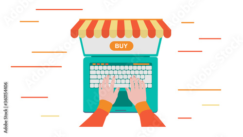 Hands on laptop keyboard print text, laptop with inscription buy on screen. vector image with trendy colors.