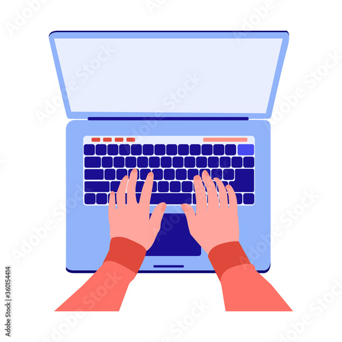 Hands on laptop keyboard typing text, laptop with blank screen to insert test. vector image with trendy colors.