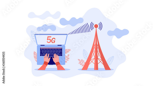 The illustration demonstrates 5G technology, a wireless high-speed Internet. vector image with trendy colors.