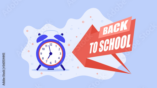 Flat style illustration. The alarm clock rings at 7 o'clock, with back to school. vector image with trendy colors.