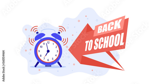 Flat style illustration. The alarm clock rings at 7 o'clock, with back to school. vector image with trendy colors.