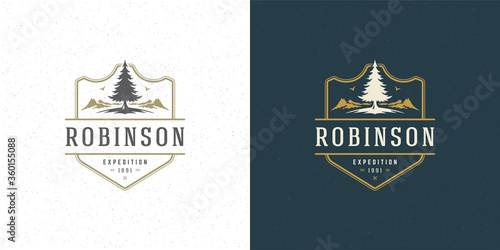Forest camping logo emblem outdoor adventure leisure vector illustration mountain and pine tree silhouette