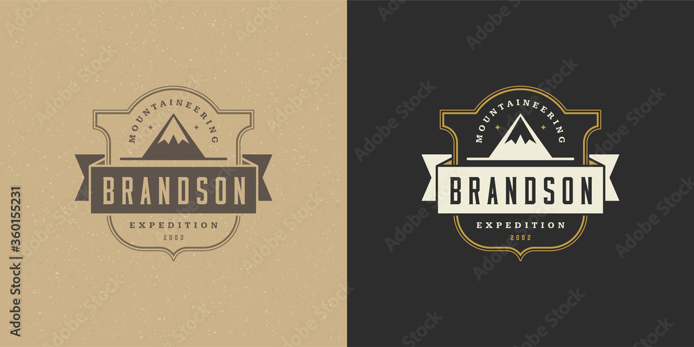 Obraz premium Mountain camping logo emblem outdoor landscape vector illustration rock hills silhouette