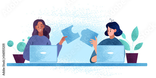 Teamwork concept with two girls solving tasks together, laptops, puzzle elements. Vector illustration with young black and caucasian freelancers working together. Collaboration banner in flat style