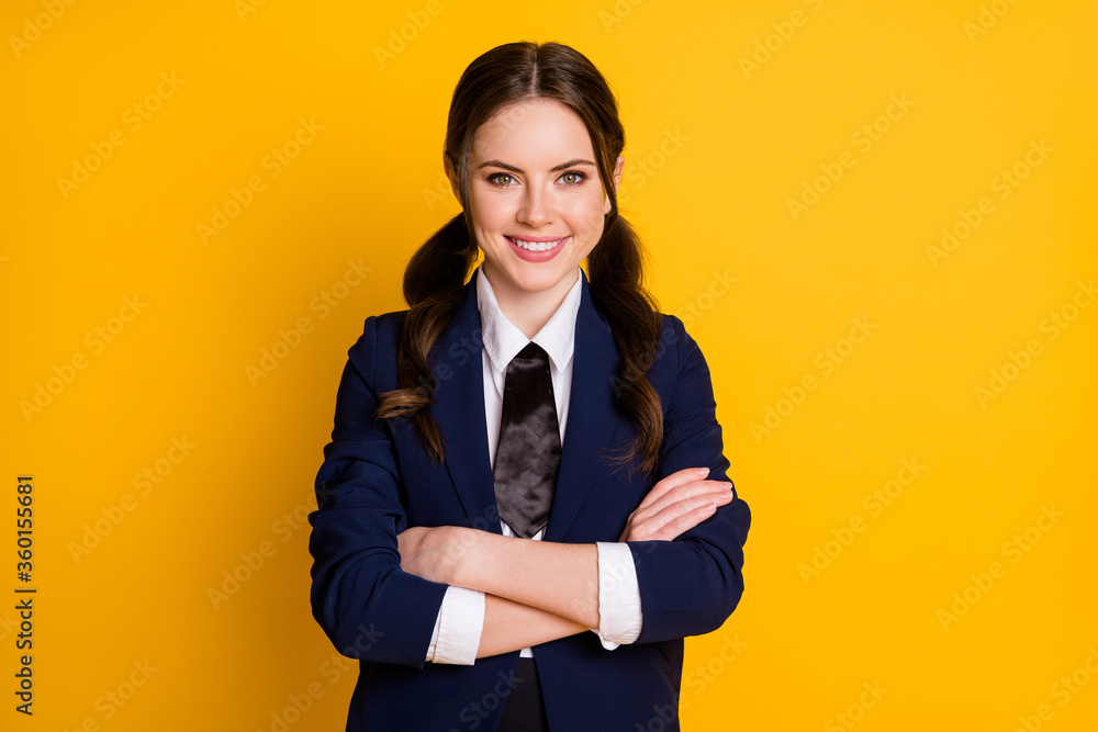 Portrait of positive successful reliable high school teenager cross hands ready pass lecture exam test wear good look uniform isolated over bright color background Portrait of positive successful reliable high school teenager cross hands ready pass lecture exam test wear good look uniform isolated over bright color background